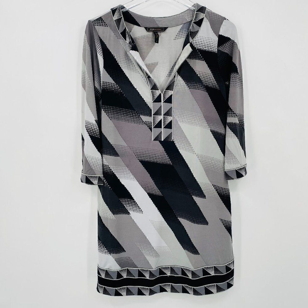 BCBG Maxazria Size Small Black & Gray Abstract Art Deco V Neck Mini Shift Dress